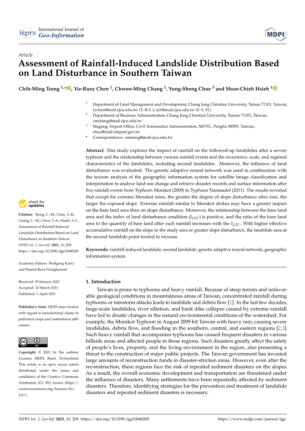 Assessment of Rainfall-Induced Landslide Distribution Based on Land Disturbance in Southern Taiwan