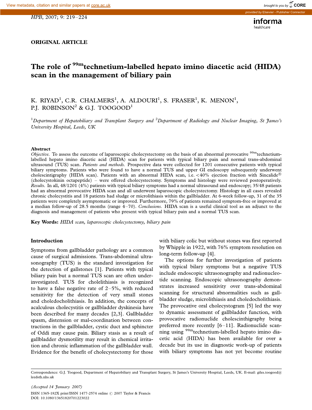 (HIDA) Scan in the Management of Biliary Pain