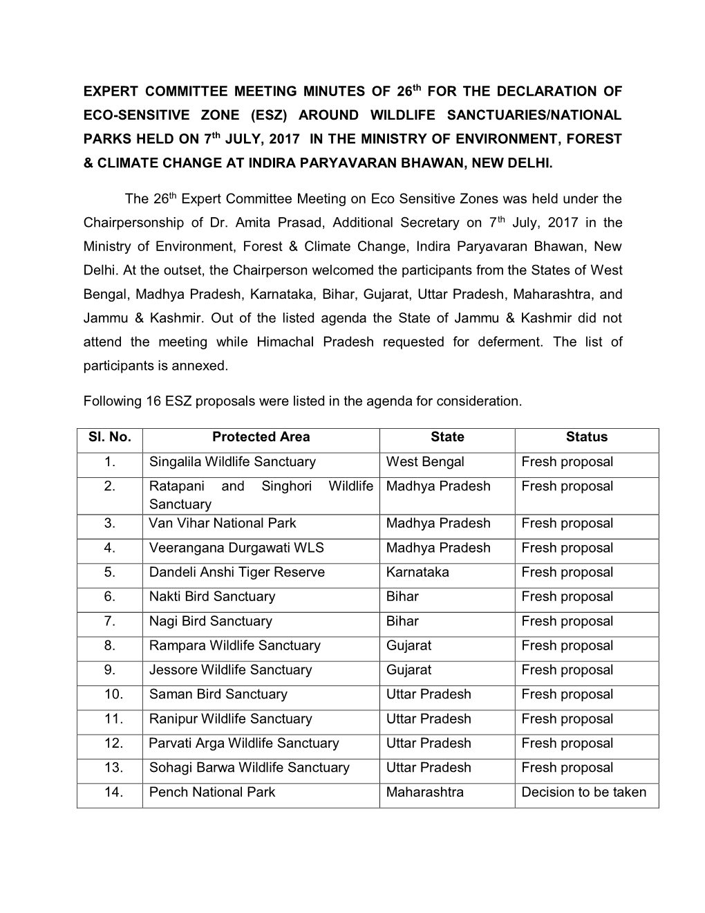 ESZ) AROUND WILDLIFE SANCTUARIES/NATIONAL PARKS HELD on 7Th JULY, 2017 in the MINISTRY of ENVIRONMENT, FOREST & CLIMATE CHANGE at INDIRA PARYAVARAN BHAWAN, NEW DELHI