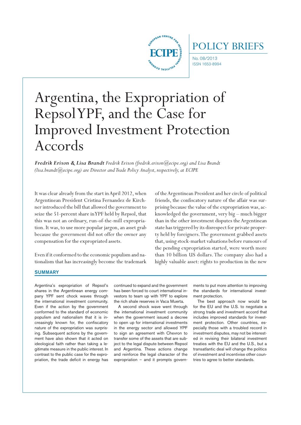 Argentina, the Expropriation of Repsol YPF, and the Case for Improved