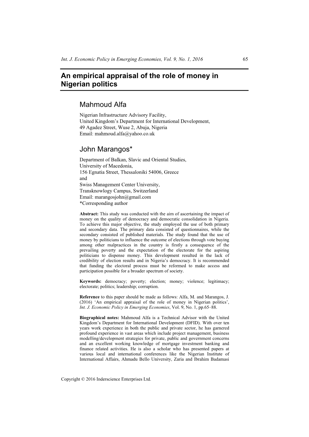An Empirical Appraisal of the Role of Money in Nigerian Politics