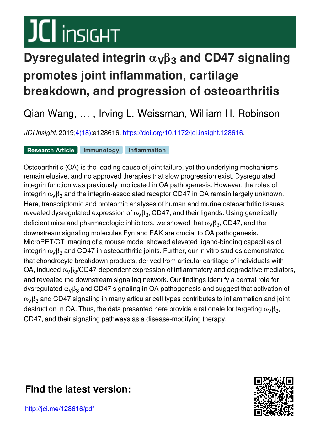 Dysregulated Integrin Av B3 and CD47 Signaling Promotes Joint
