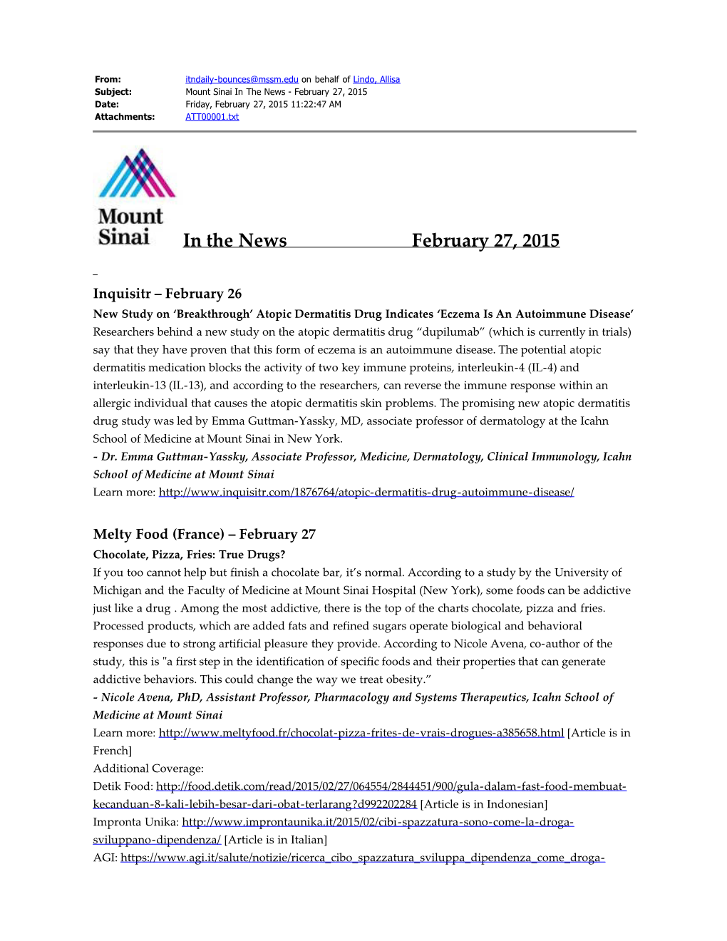 In the News February 27, 2015