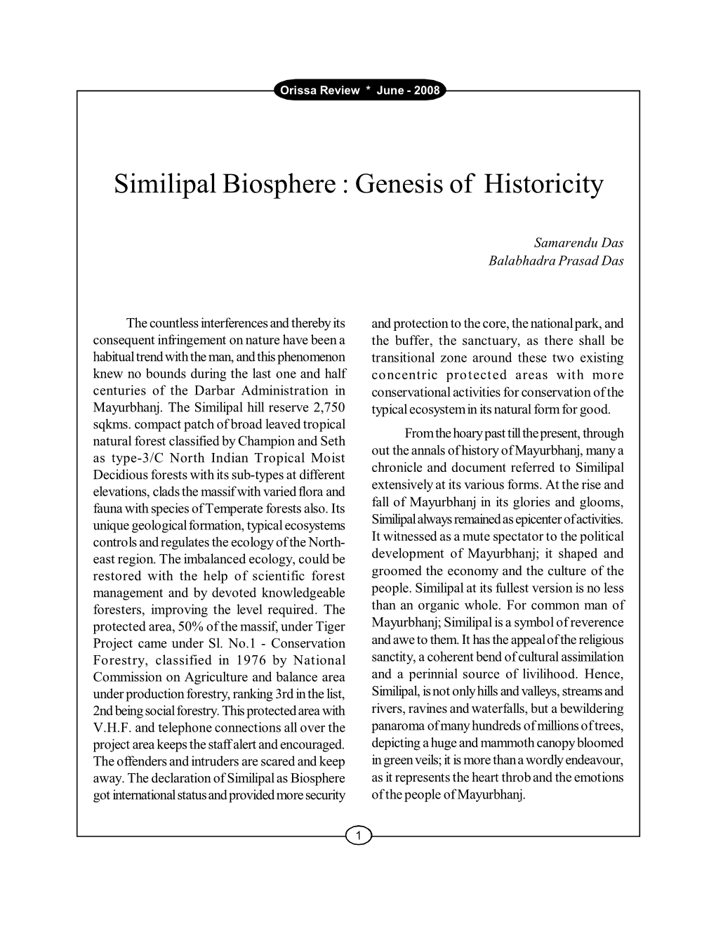 Similipal Biosphere : Genesis of Historicity