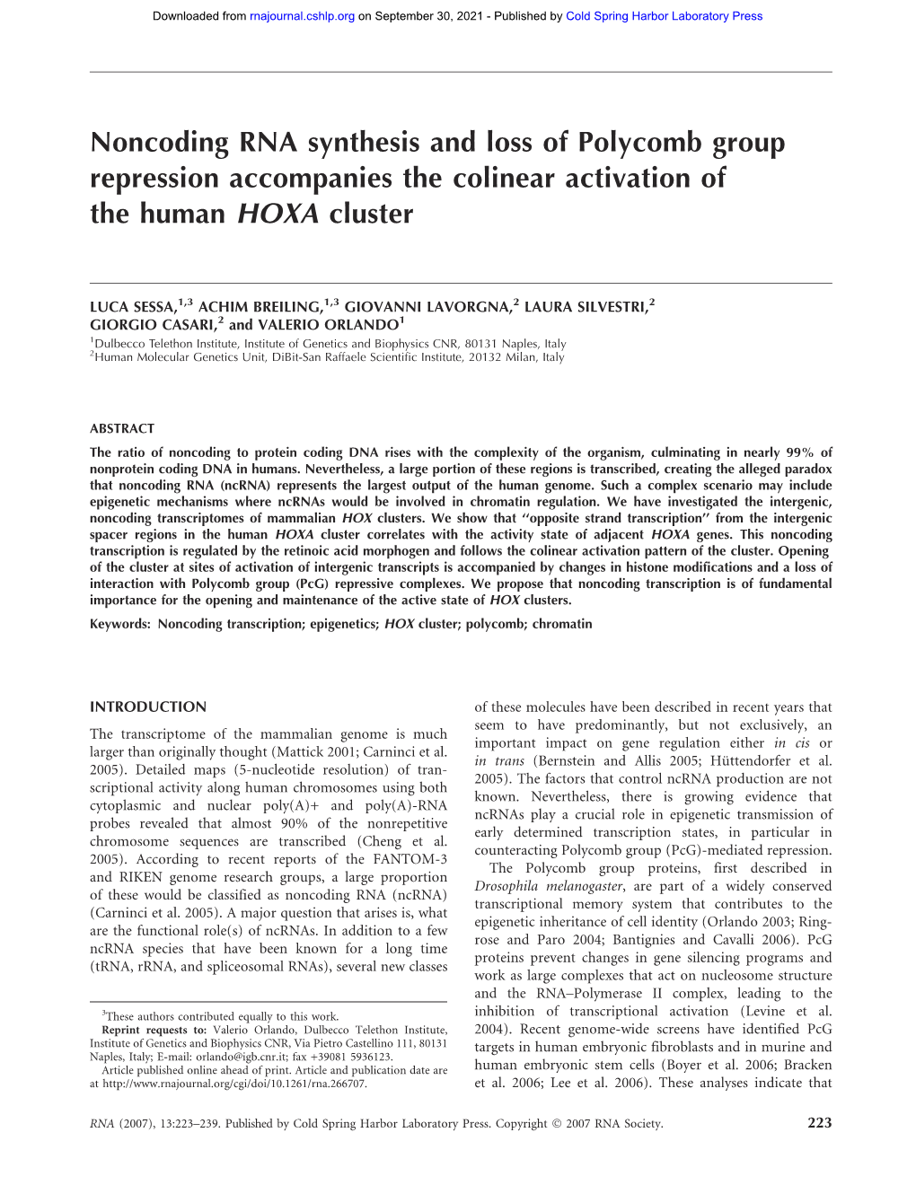 Noncoding RNA Synthesis and Loss of Polycomb Group Repression Accompanies the Colinear Activation of the Human HOXA Cluster