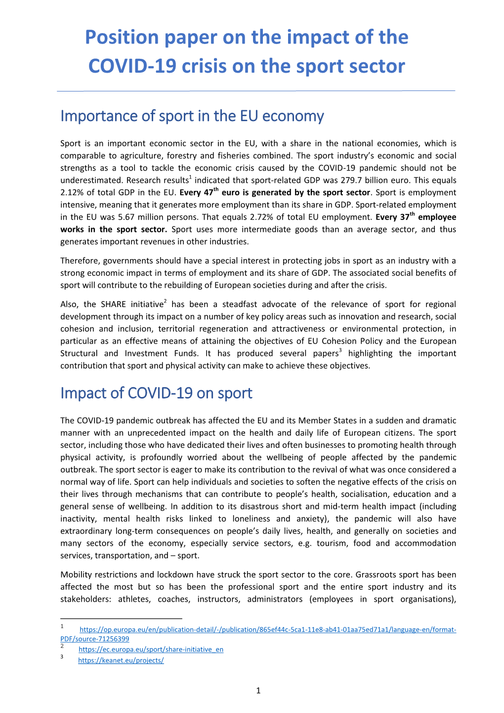 Position Paper on the Impact of the COVID-19 Crisis on the Sport Sector