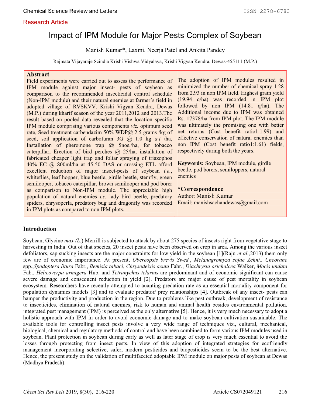 Impact of IPM Module for Major Pests Complex of Soybean