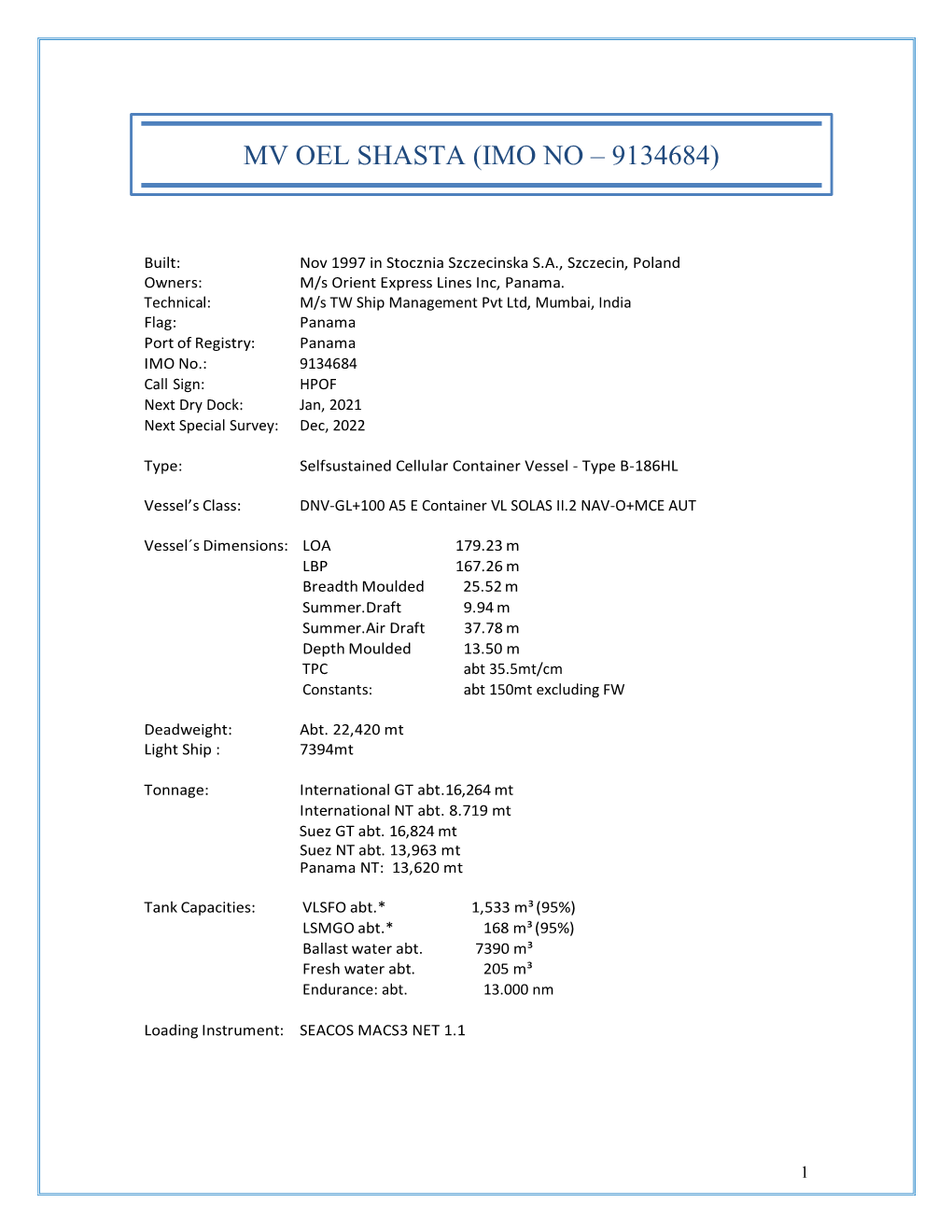 Mv Oel Shasta (Imo No – 9134684)