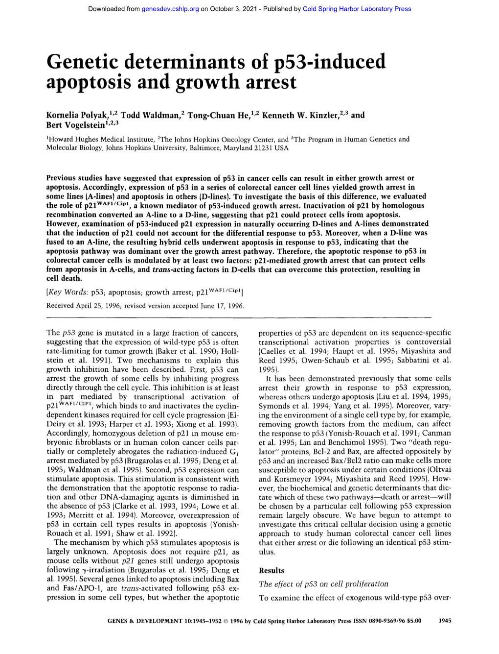 Genetic Determinants of P53-Induced Apoptosis and Growth Arrest