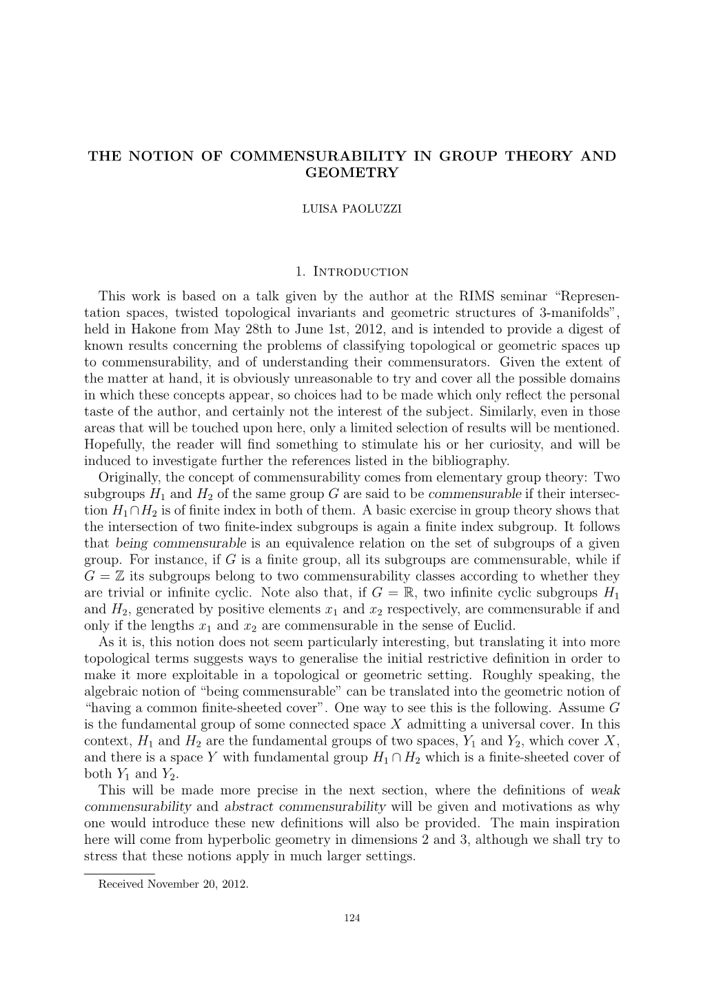 The Notion of Commensurability in Group Theory and Geometry