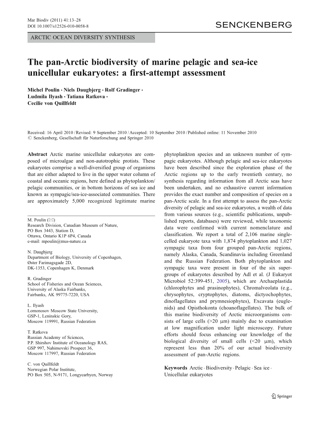 The Pan-Arctic Biodiversity of Marine Pelagic and Sea-Ice Unicellular Eukaryotes: a First-Attempt Assessment