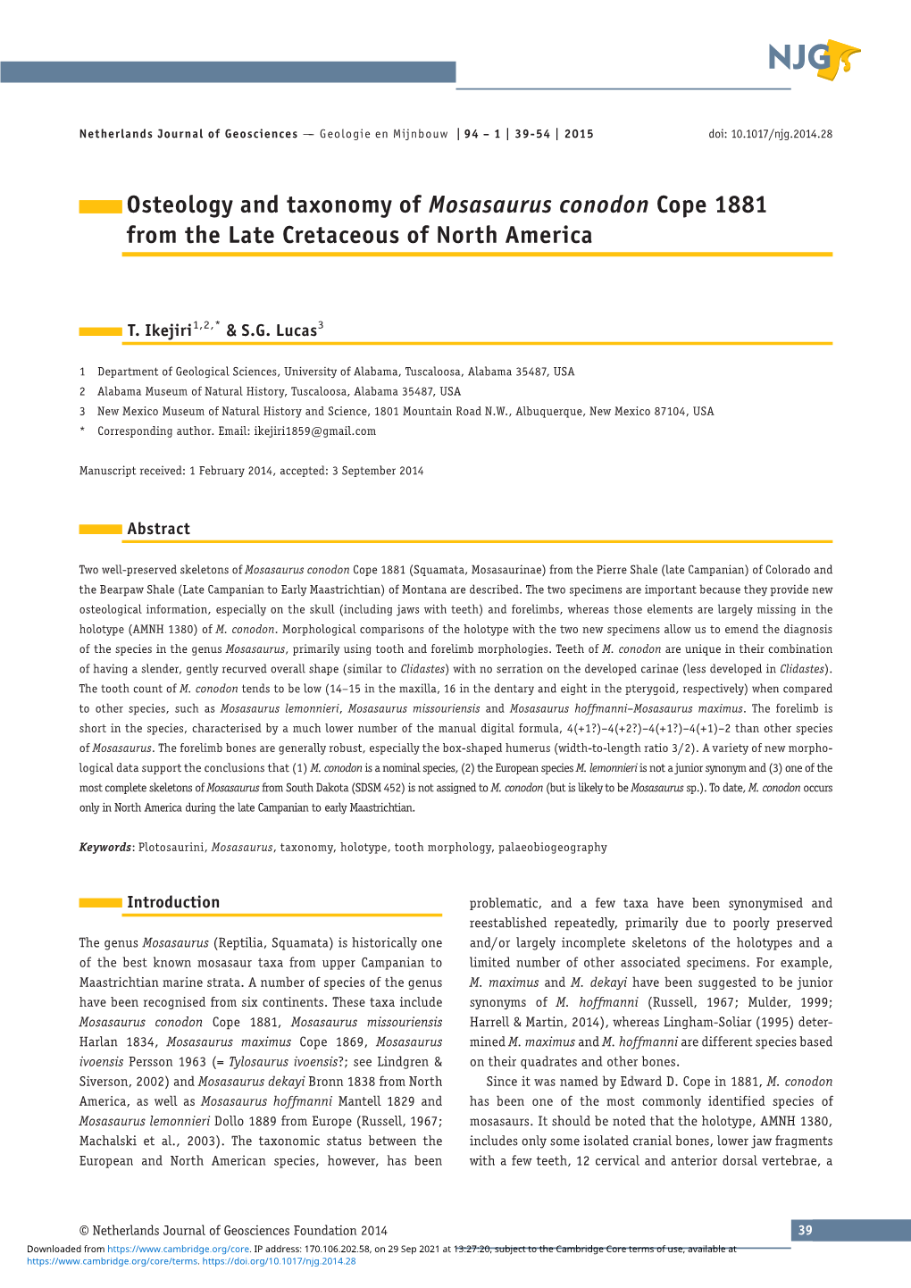 Osteology and Taxonomy of Mosasaurus Conodon Cope 1881 from the Late Cretaceous of North America