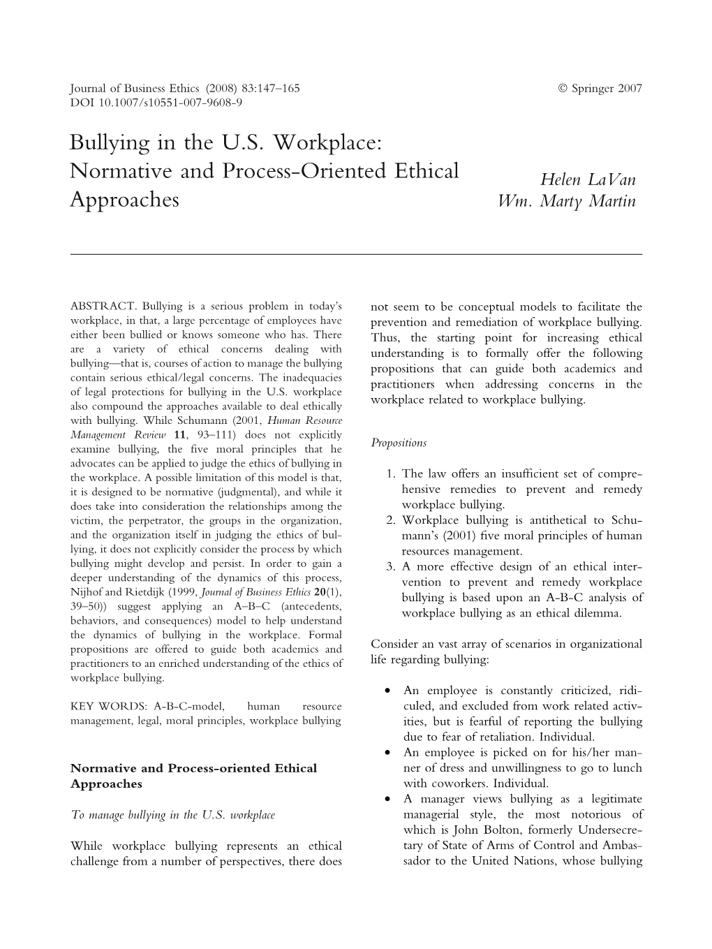 Bullying in the U.S. Workplace: Normative and Process-Oriented Ethical Helen Lavan Approaches Wm