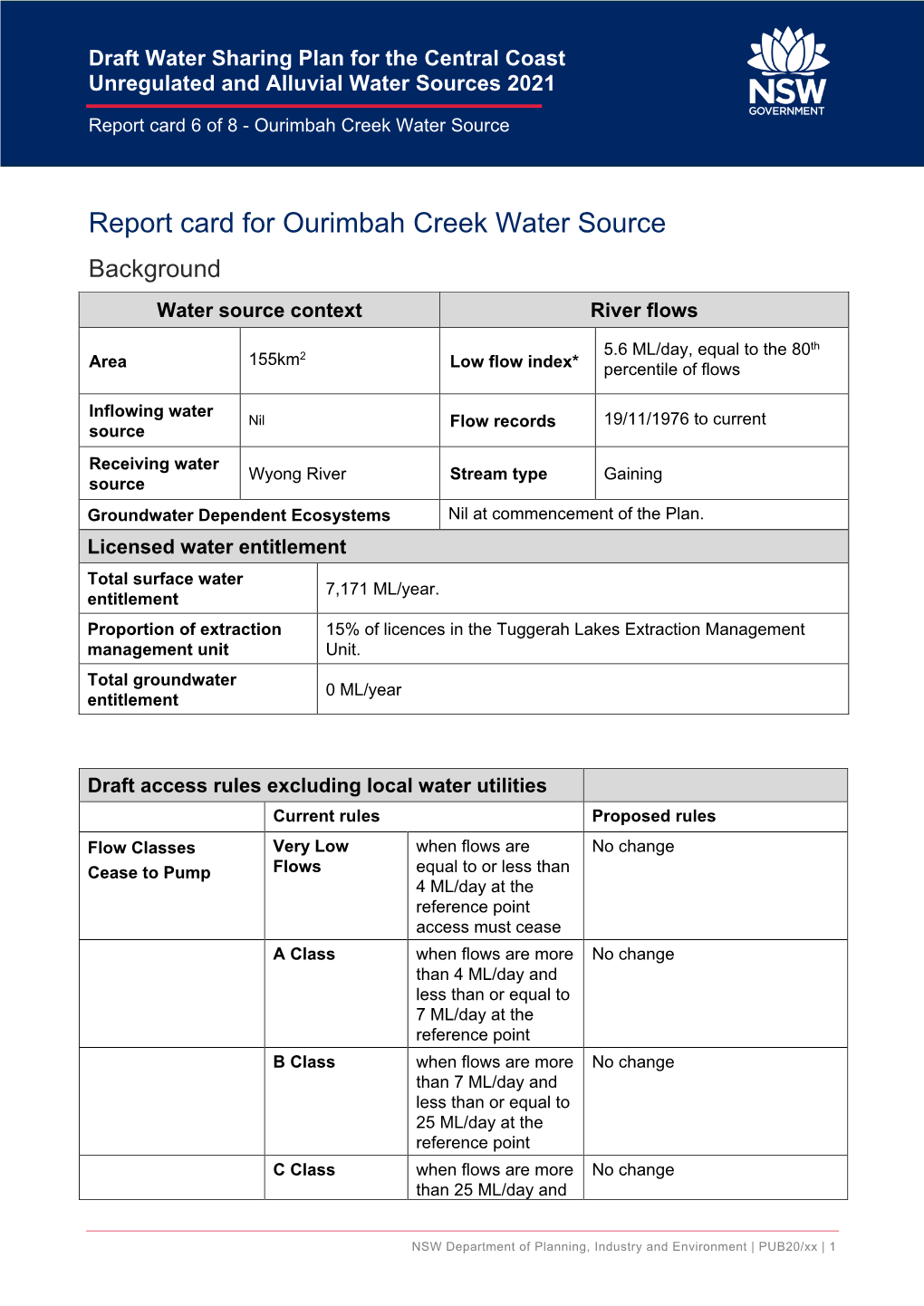 Report Card for Ourimbah Creek Water Source Background Water Source Context River Flows