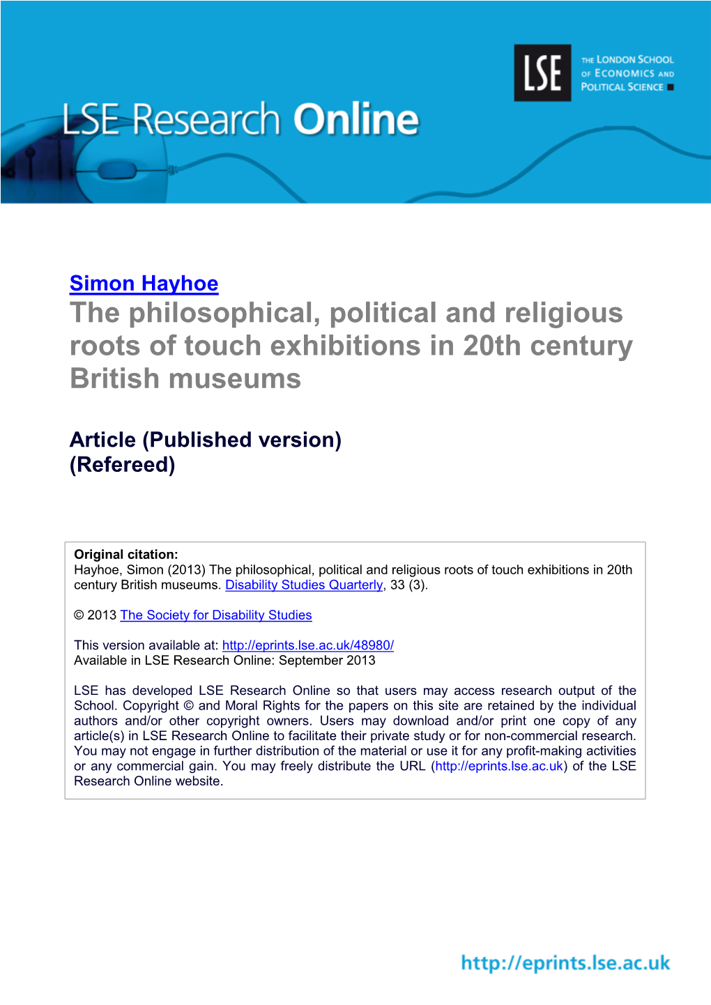 The Philosophical, Political and Religious Roots of Touch Exhibitions in 20Th Century British Museums