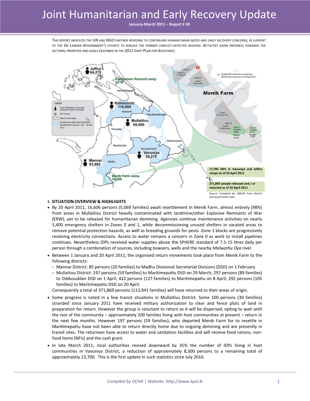 Joint Humanitarian and Early Recovery Update January‐March 2011 – Report # 30