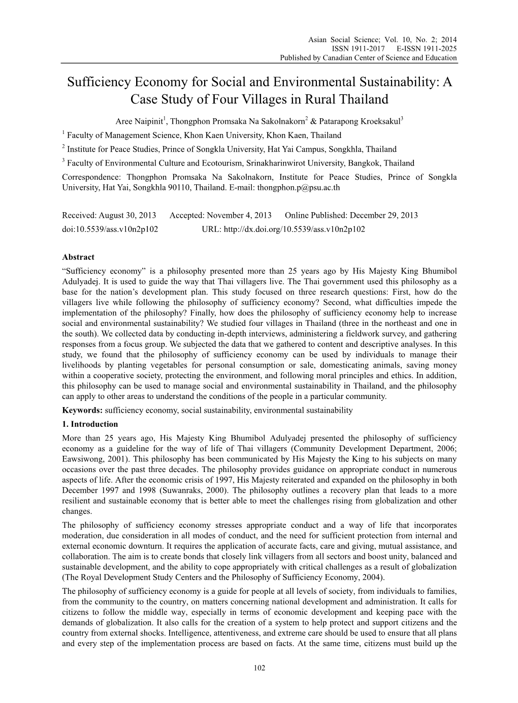 Sufficiency Economy for Social and Environmental Sustainability: a Case Study of Four Villages in Rural Thailand