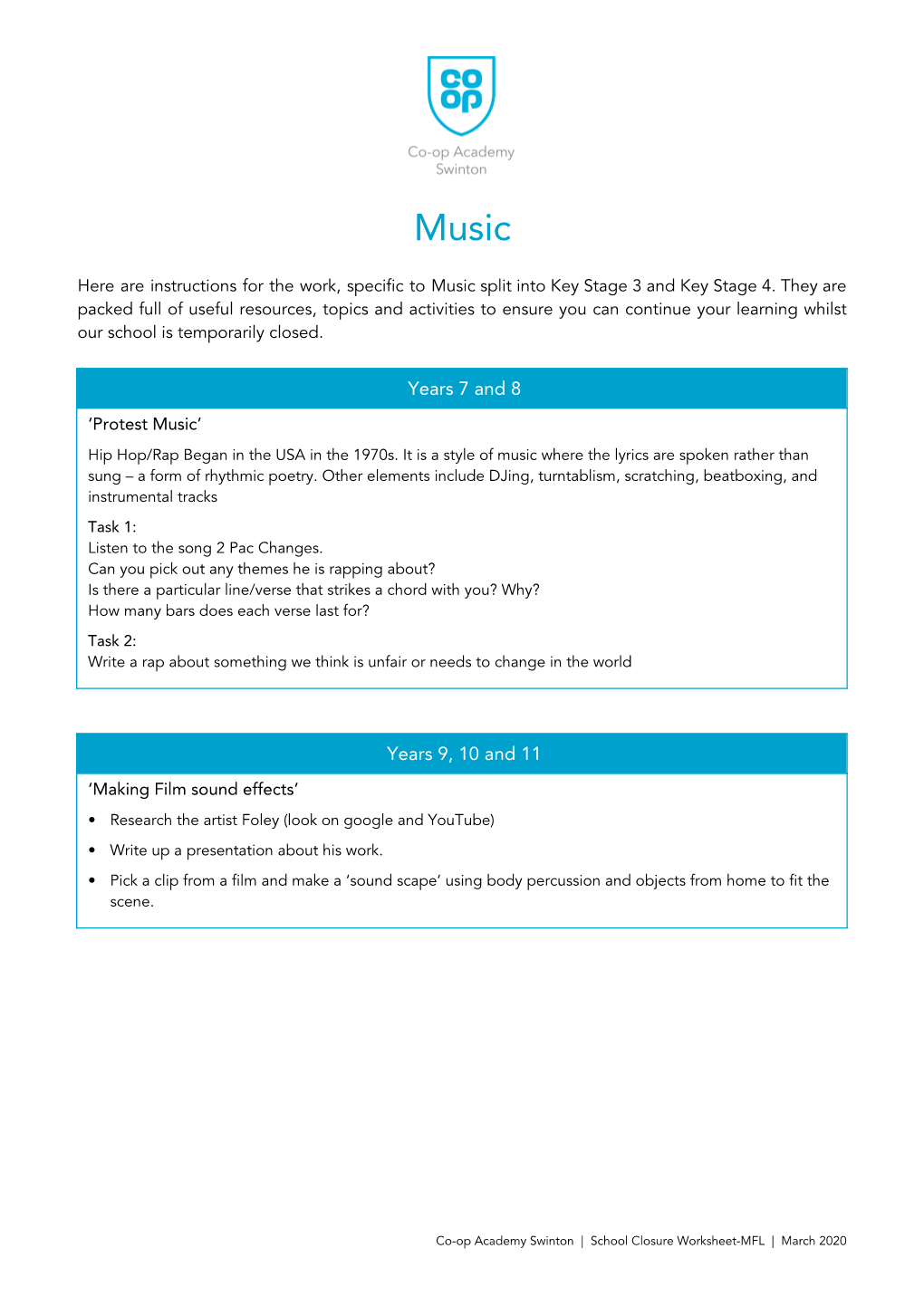 School Closure Worksheet-Music-March 2020