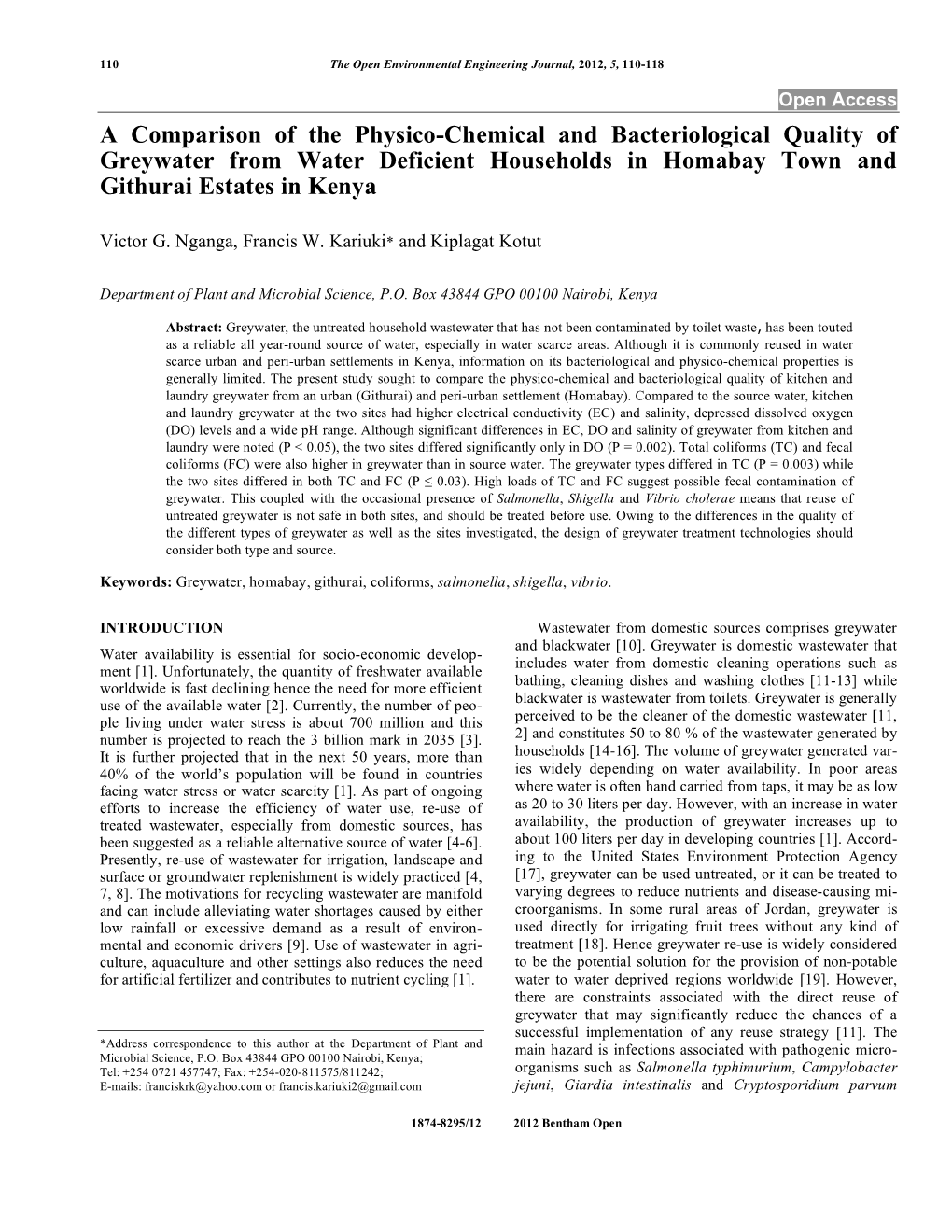 A Comparison of the Physico-Chemical and Bacteriological Quality of Greywater from Water Deficient Households in Homabay Town and Githurai Estates in Kenya