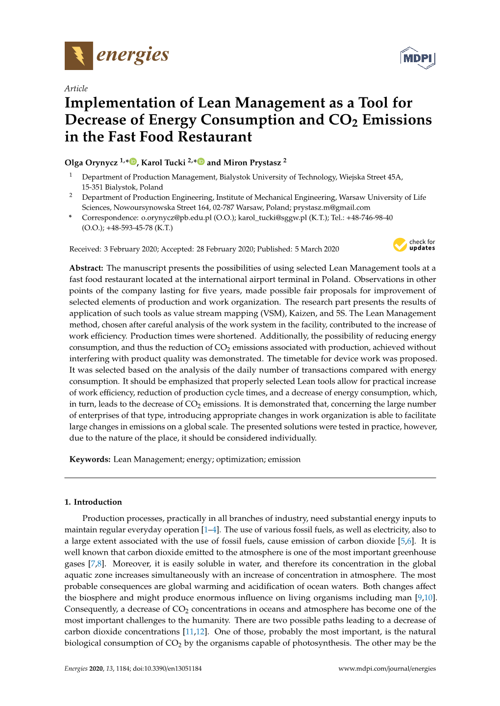 Implementation of Lean Management As a Tool for Decrease of Energy Consumption and CO2 Emissions in the Fast Food Restaurant