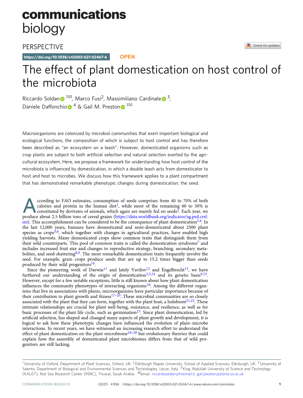 The Effect of Plant Domestication on Host Control of the Microbiota ✉ Riccardo Soldan 1 , Marco Fusi2, Massimiliano Cardinale 3, ✉ Daniele Daffonchio 4 & Gail M