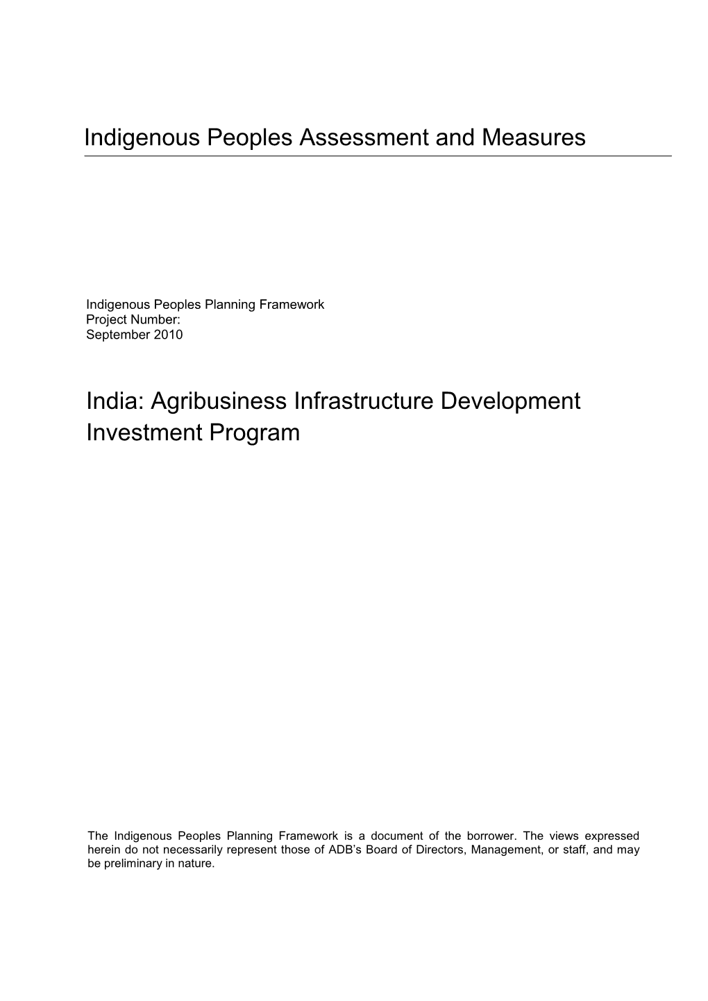 Indigenous Peoples Planning Framework Project Number: September 2010