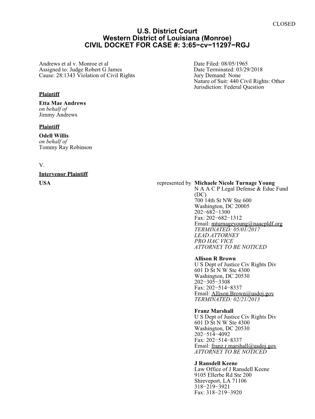 Monroe) CIVIL DOCKET for CASE #: 3:65−Cv−11297−RGJ