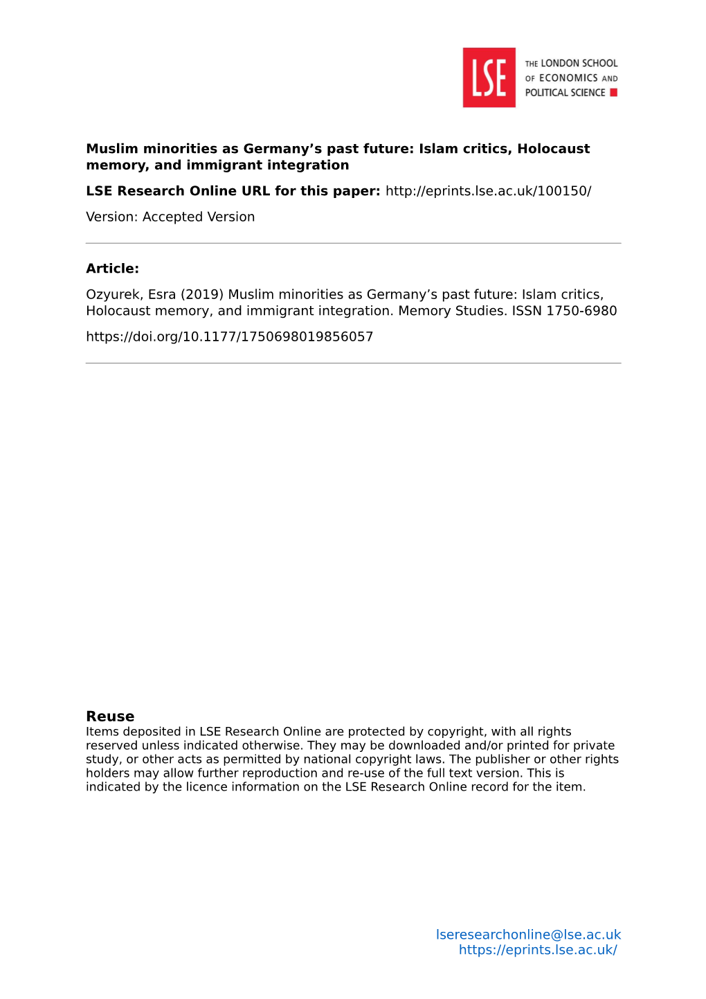 Islam Critics, Holocaust Memory, and Immigrant Integration LSE Research Online URL for This Paper: Version: Accepted Version