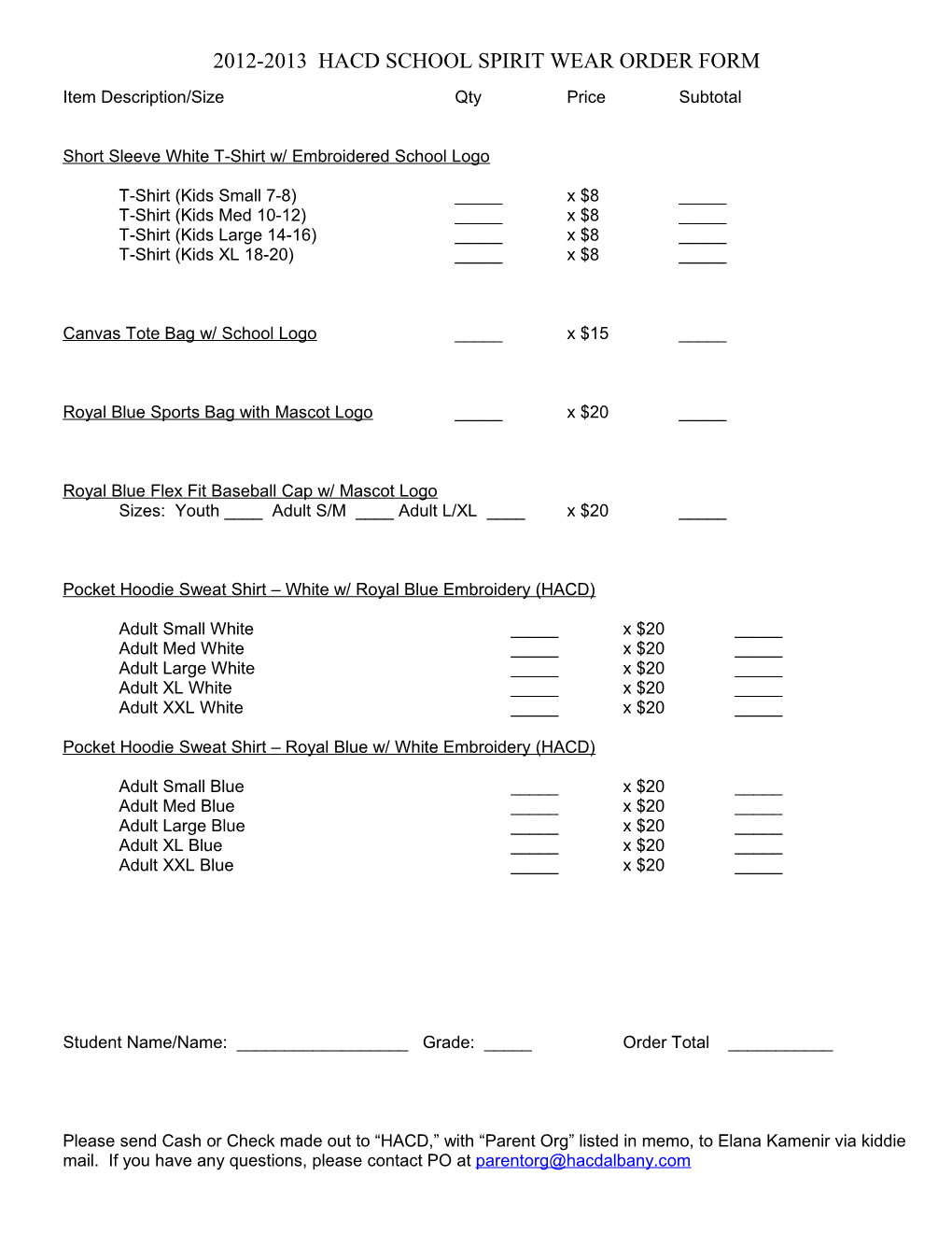 School Spirit Wear Order Form