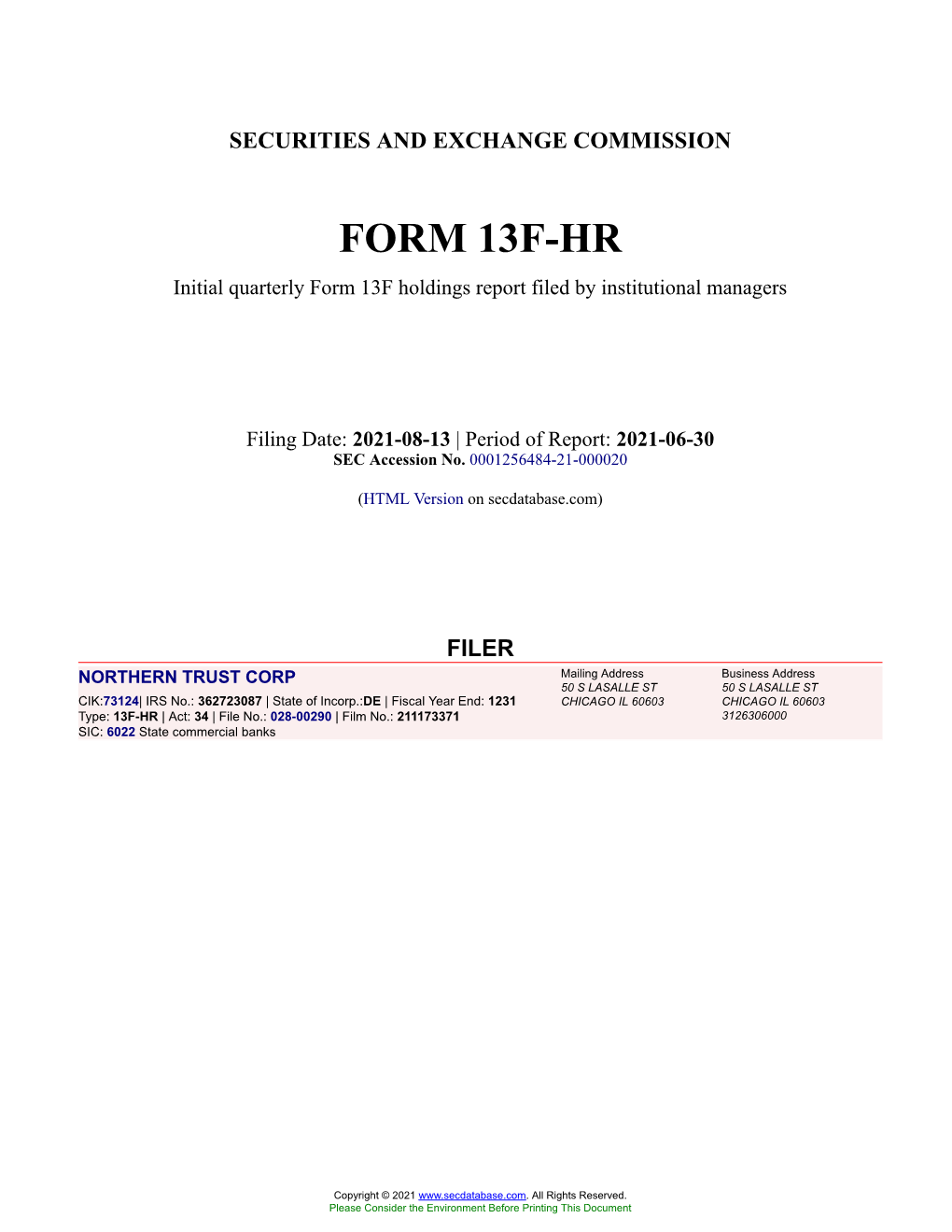 NORTHERN TRUST CORP Form 13F-HR Filed 2021-08-13