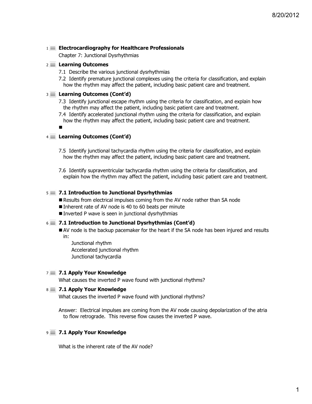 Junctional Dysrhythmias Learning Outcomes 7.1 Describe the Various