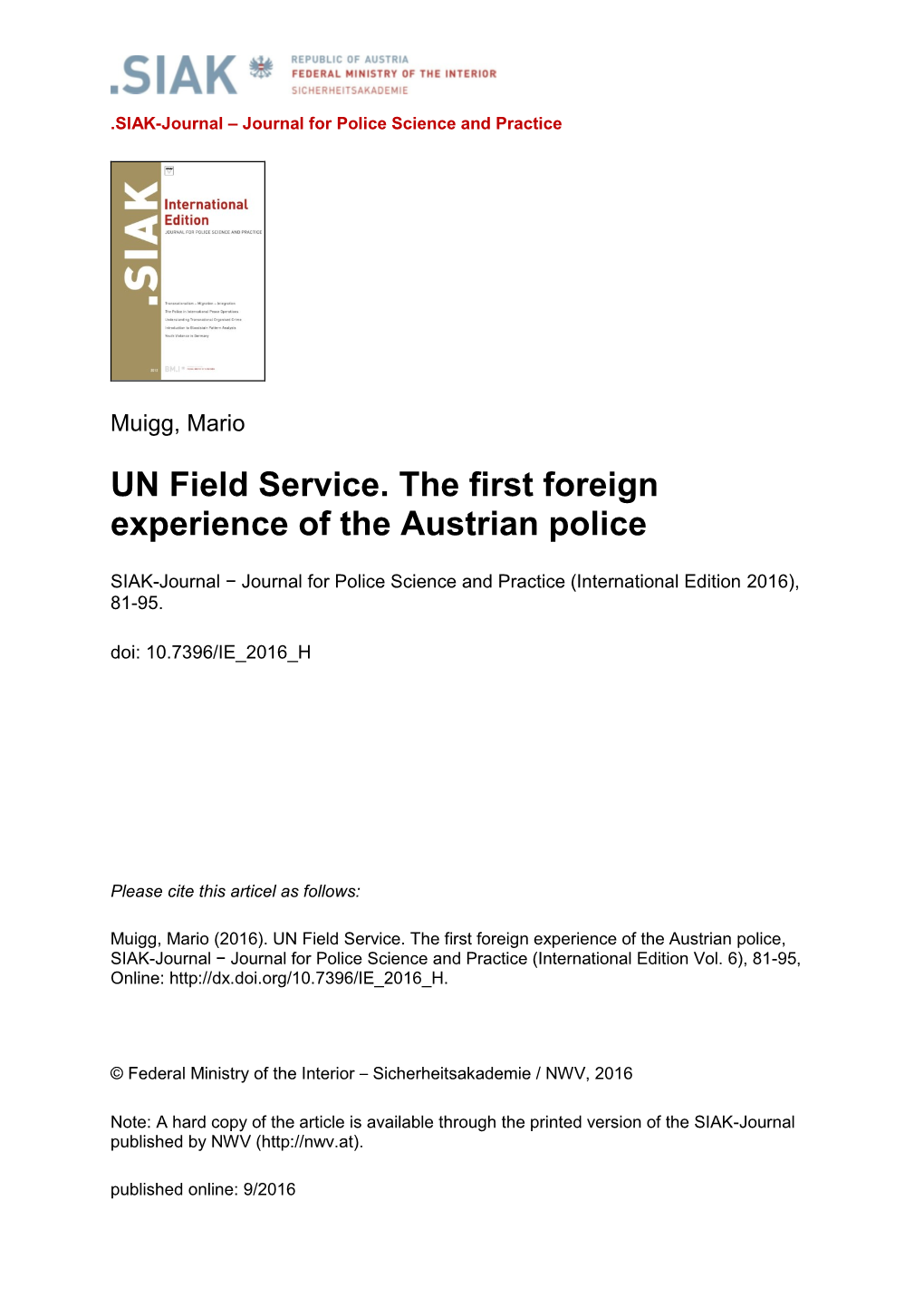 UN Field Service. the First Foreign Experience of the Austrian Police