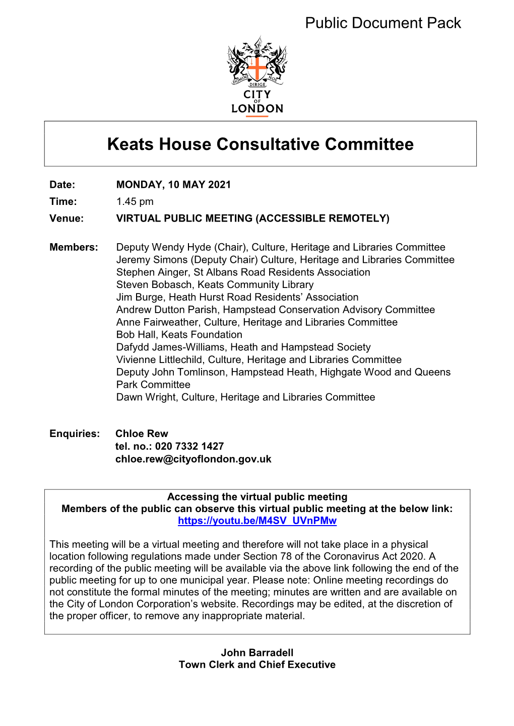 (Public Pack)Agenda Document for Keats House Consultative Committee, 10/05/2021 13:45