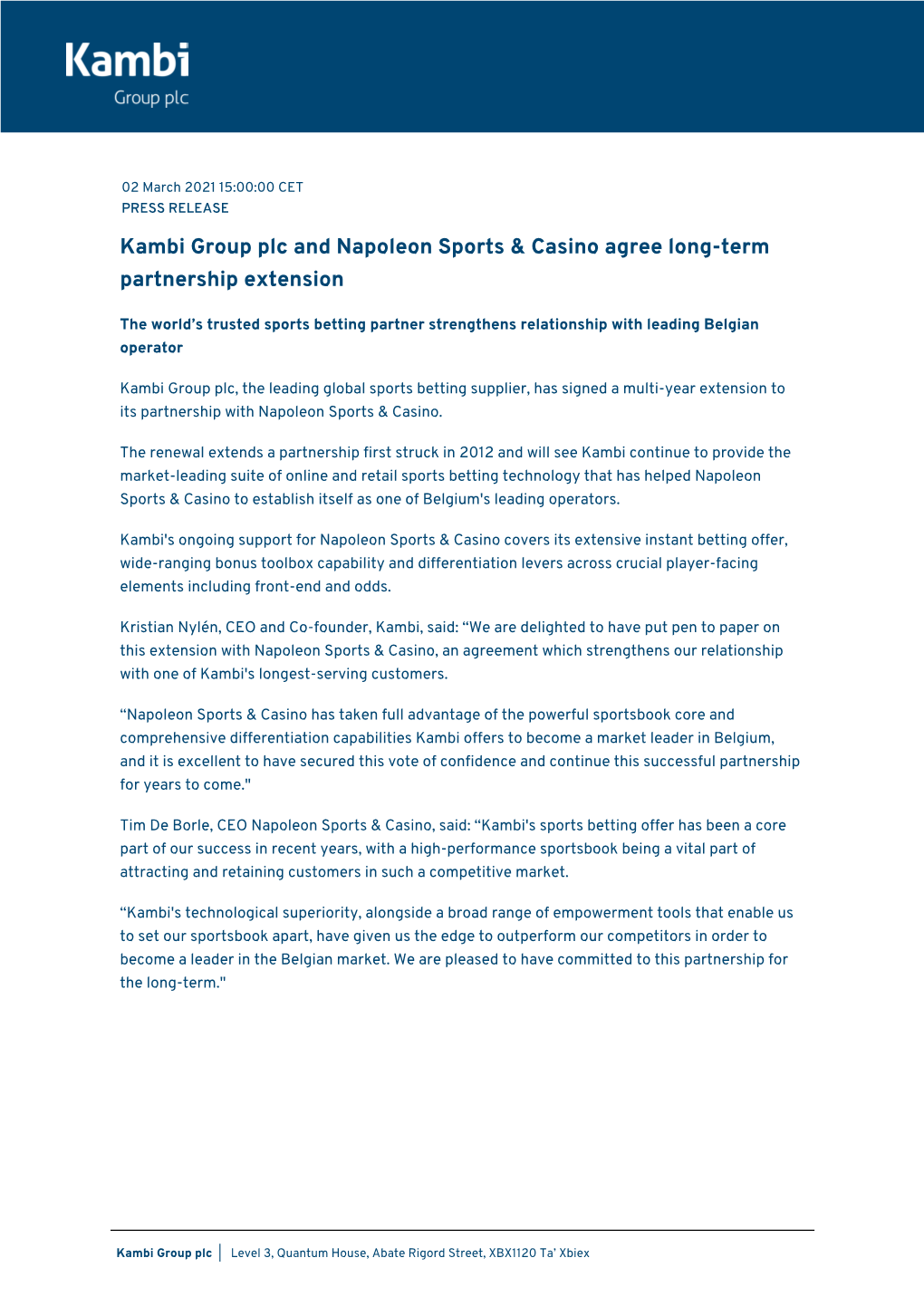 Kambi Group Plc and Napoleon Sports & Casino Agree Long-Term Partnership Extension