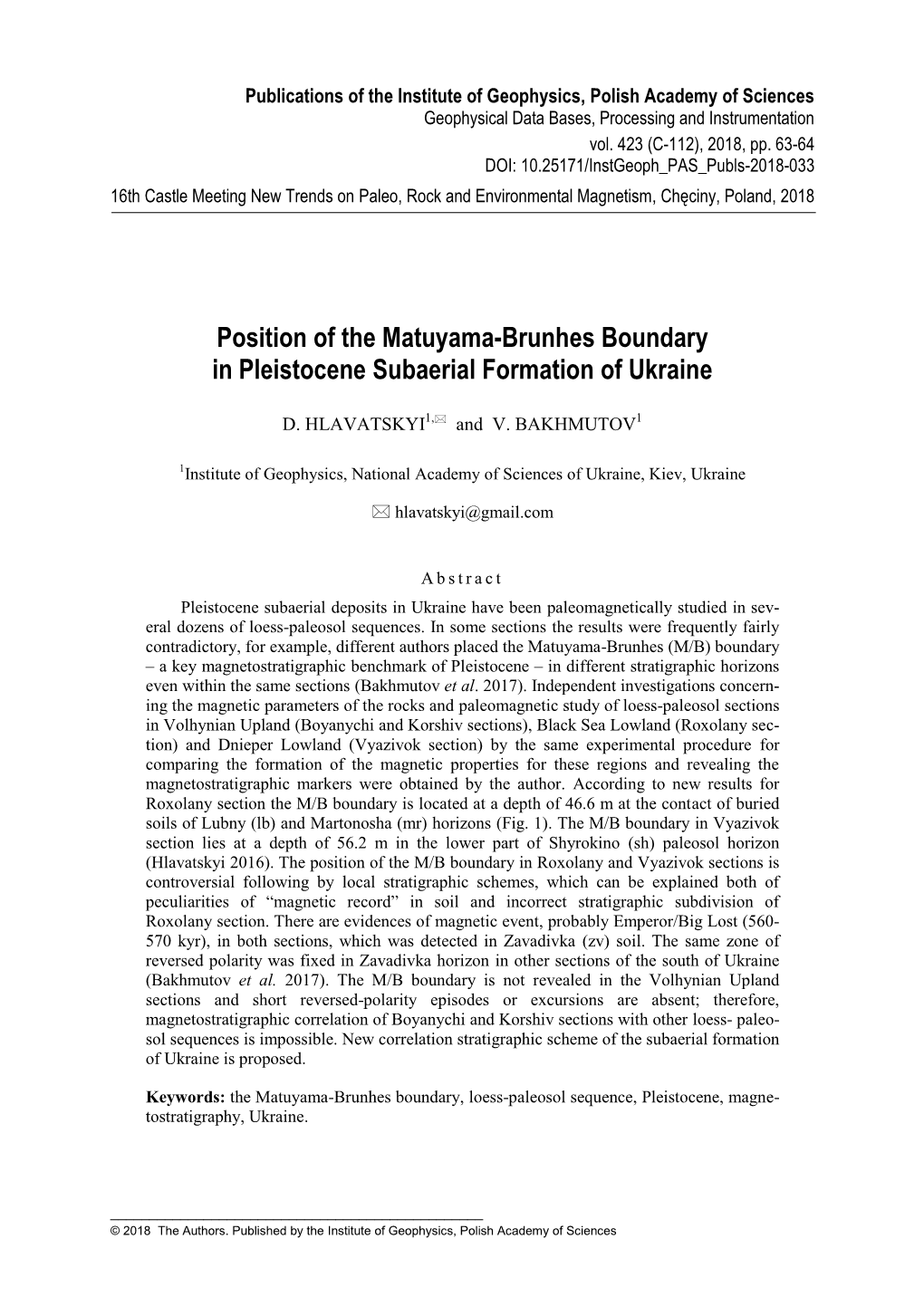 Position of the Matuyama-Brunhes Boundary in Pleistocene Subaerial Formation of Ukraine
