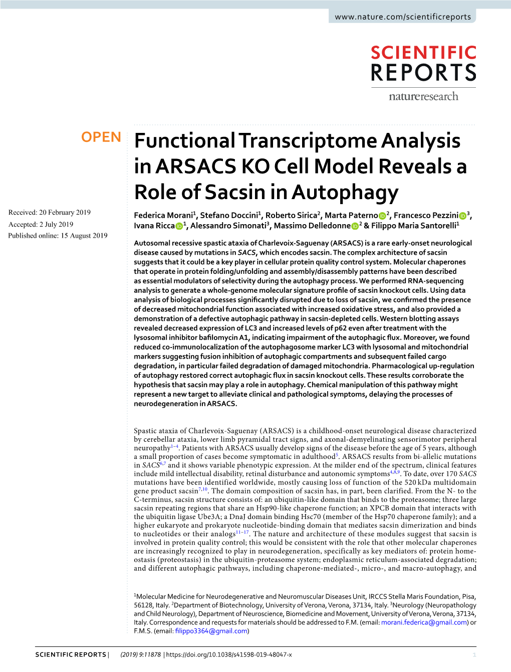 Functional Transcriptome Analysis in ARSACS KO Cell Model Reveals a Role of Sacsin in Autophagy