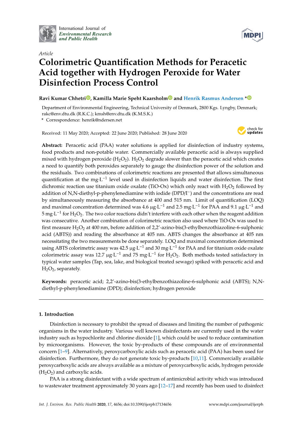 Colorimetric Quantification Methods for Peracetic Acid Together With