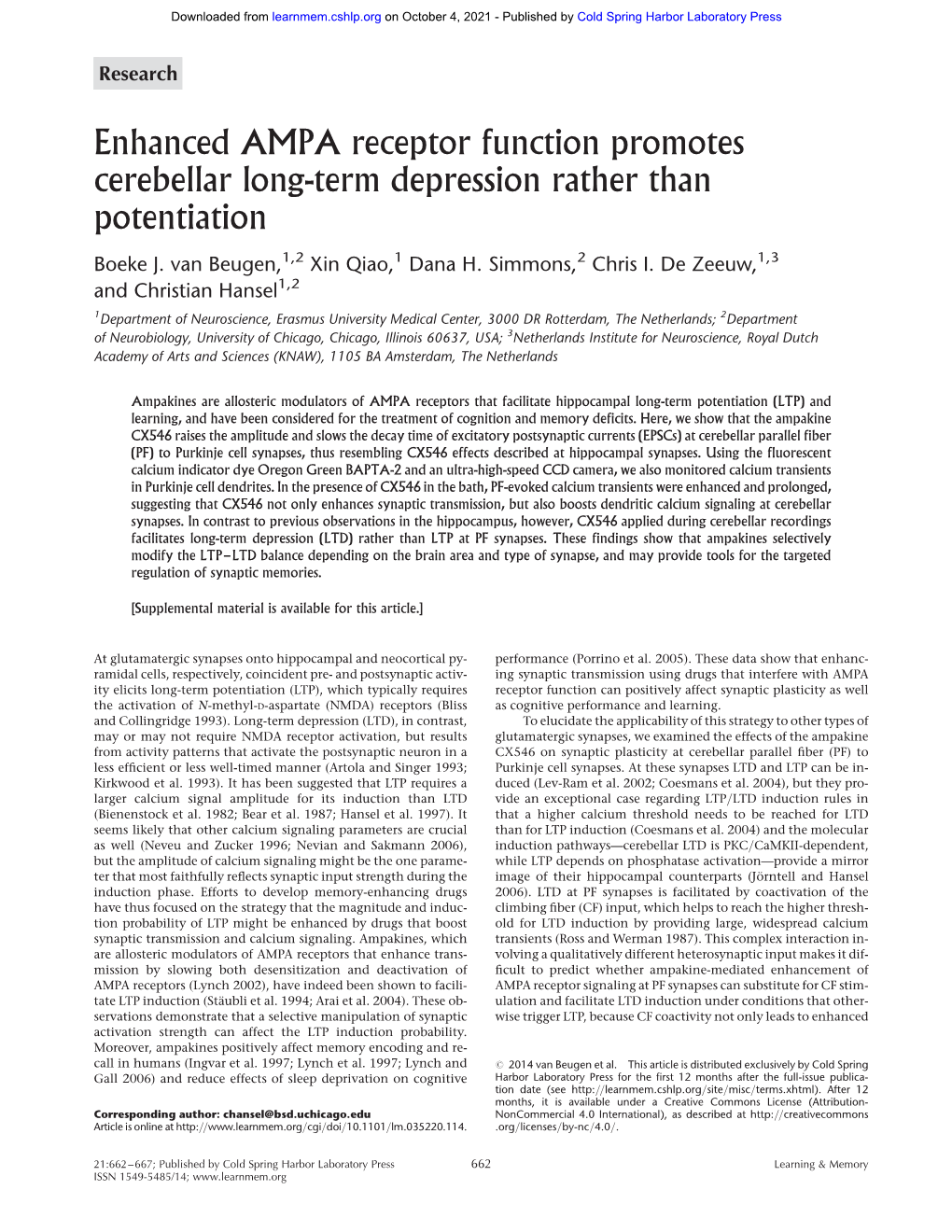 Enhanced AMPA Receptor Function Promotes Cerebellar Long-Term Depression Rather Than Potentiation