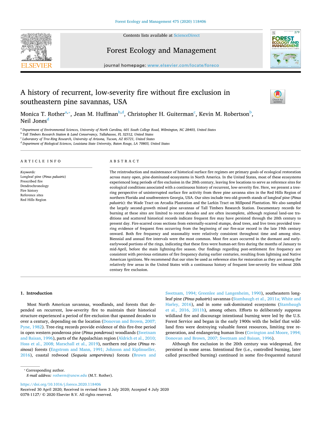 A History of Recurrent, Low-Severity Fire Without Fire Exclusion in T Southeastern Pine Savannas, USA ⁎ Monica T