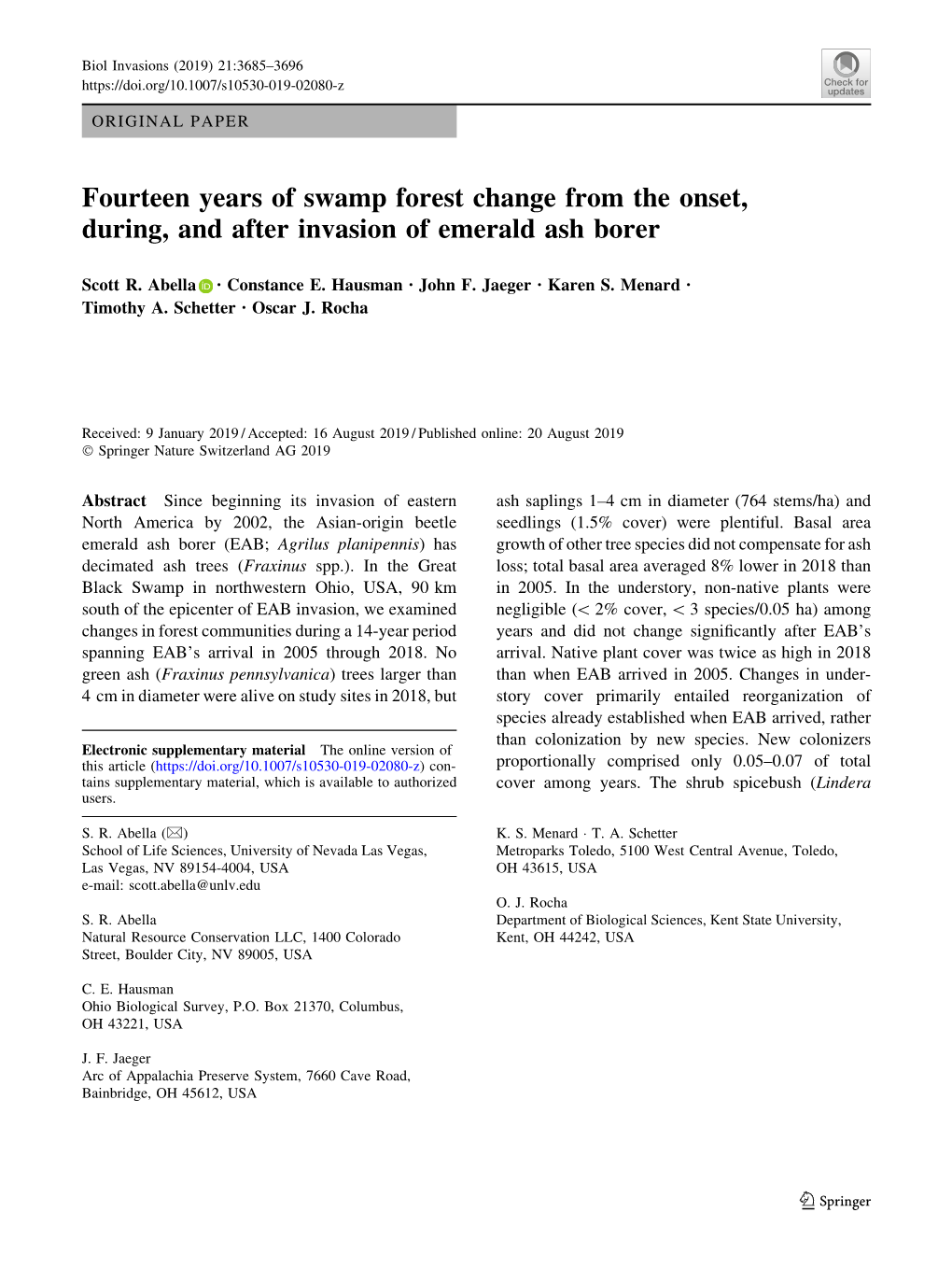 Fourteen Years of Swamp Forest Change from the Onset, During, and After Invasion of Emerald Ash Borer