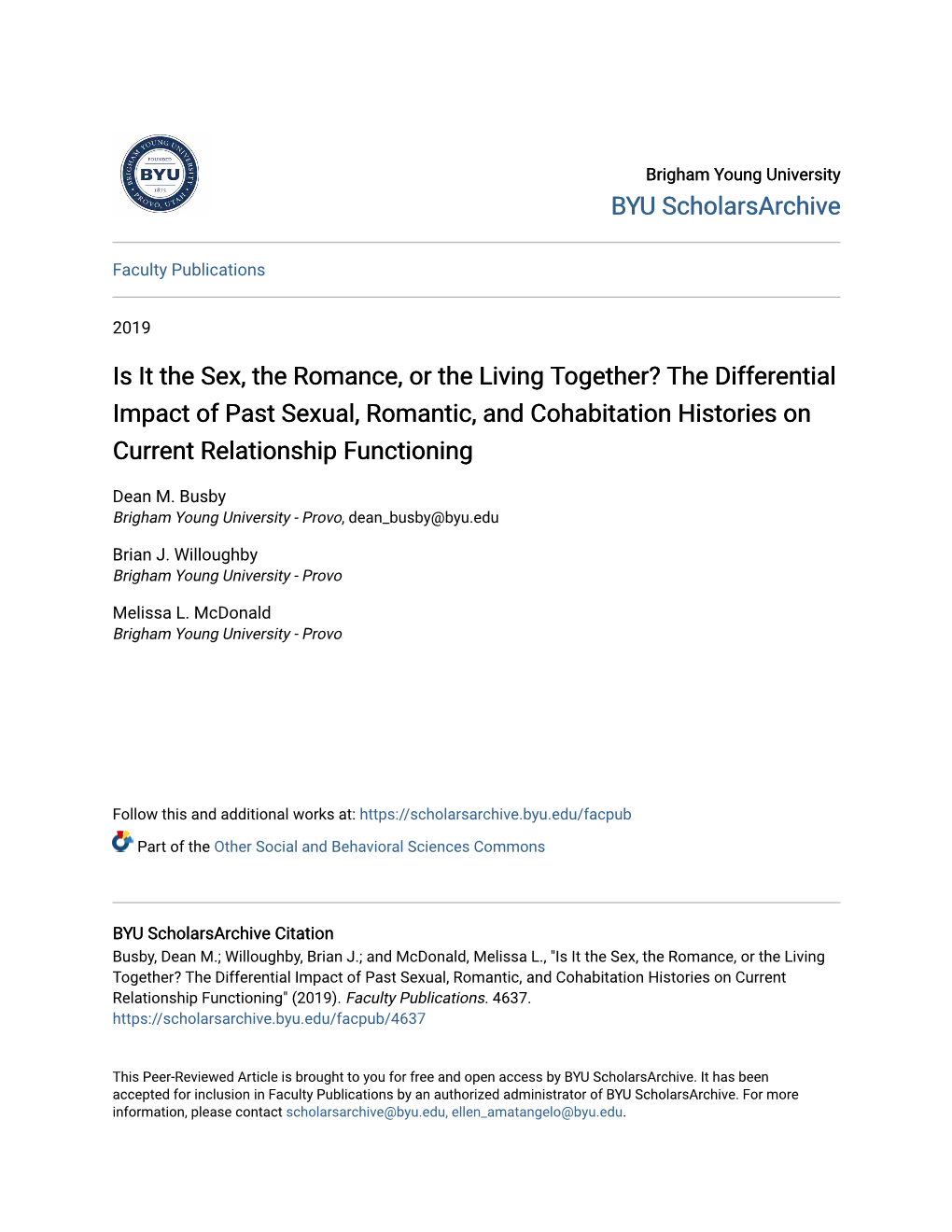 The Differential Impact of Past Sexual, Romantic, and Cohabitation Histories on Current Relationship Functioning