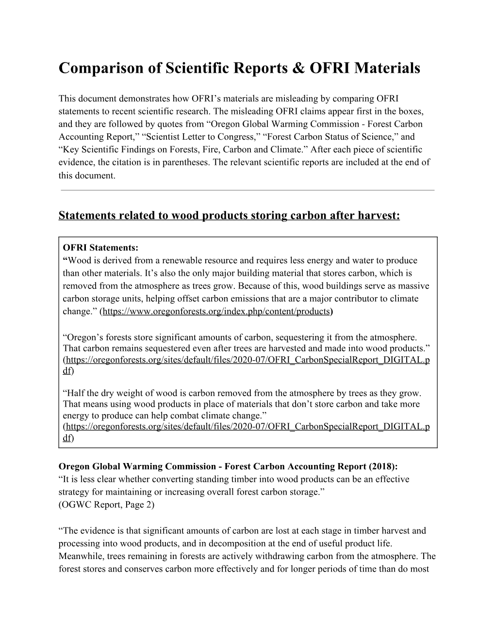 Comparison of Scientific Reports & OFRI Materials