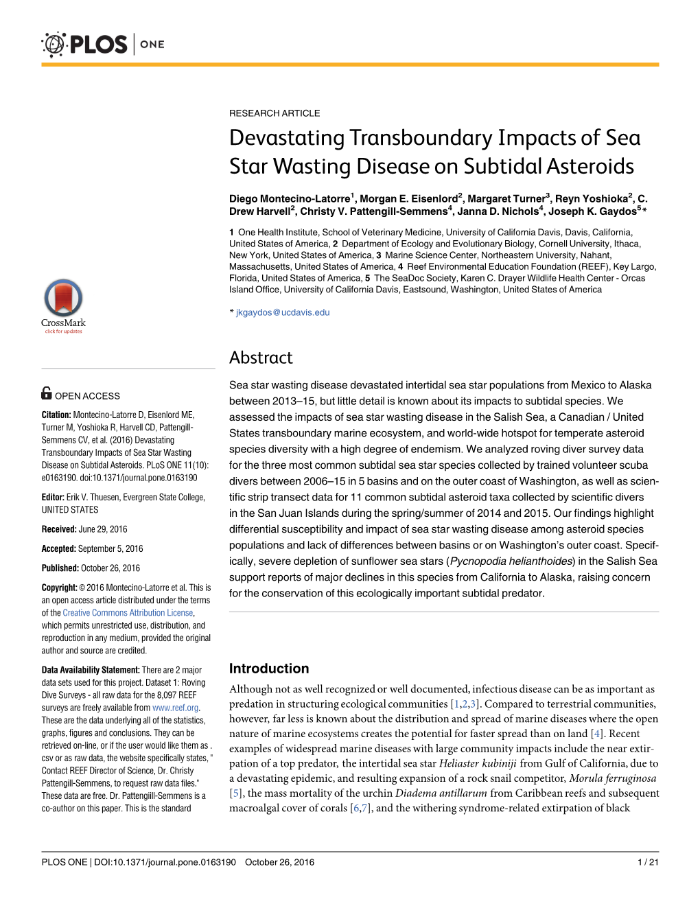 Devastating Transboundary Impacts of Sea Star Wasting Disease on Subtidal Asteroids