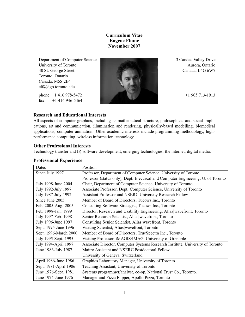 Curriculum Vitae Eugene Fiume November 2007 Research And