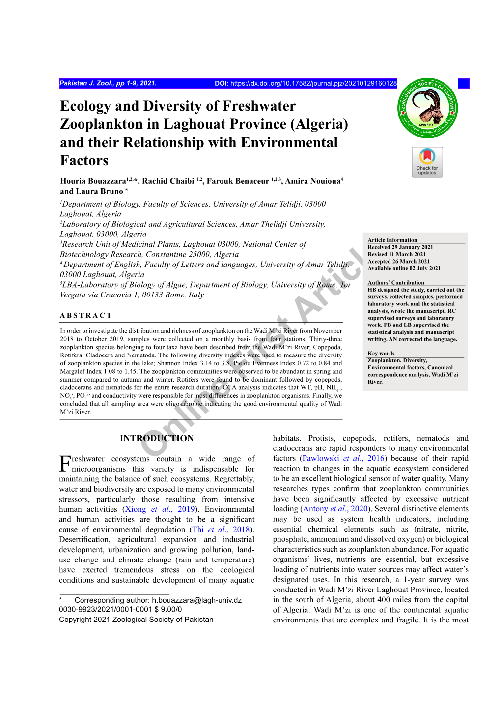 Ecology and Diversity of Freshwater Zooplankton In