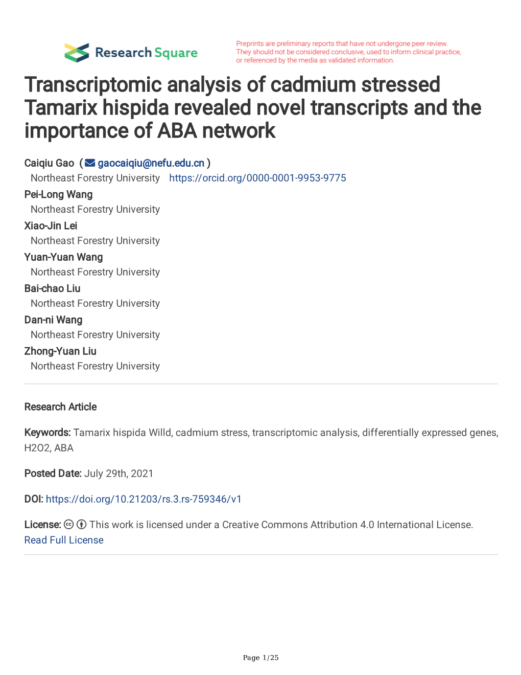 Transcriptomic Analysis of Cadmium Stressed Tamarix Hispida Revealed Novel Transcripts and the Importance of ABA Network