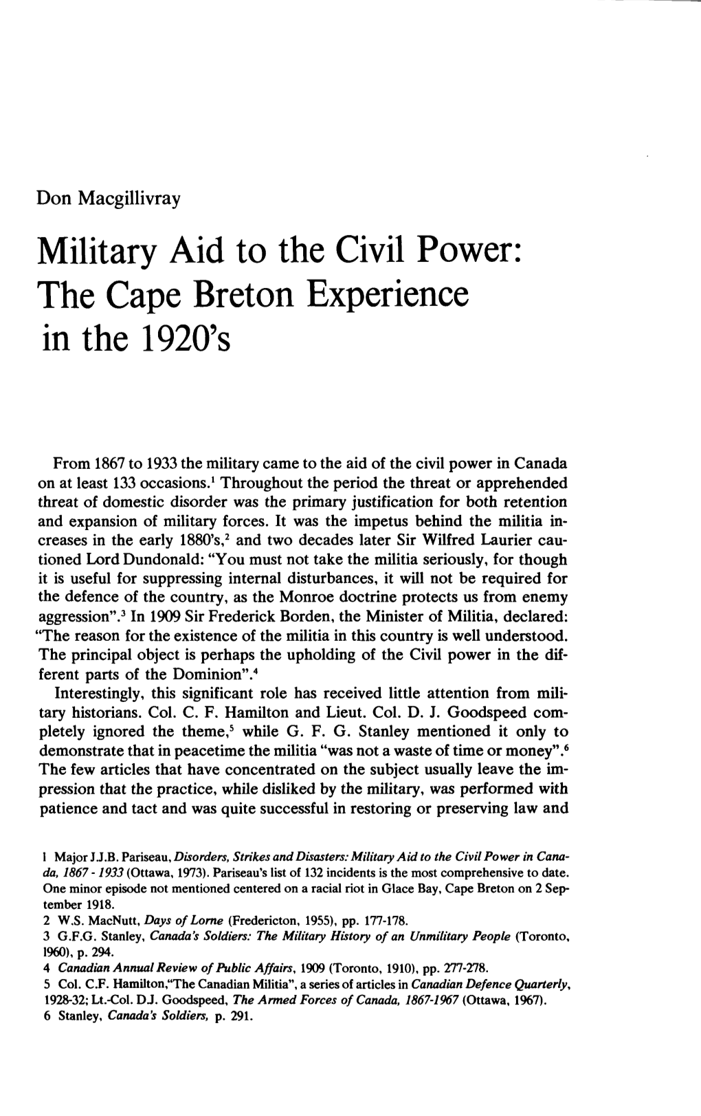 Military Aid to the Civil Power: the Cape Breton Experience in the 1920'S