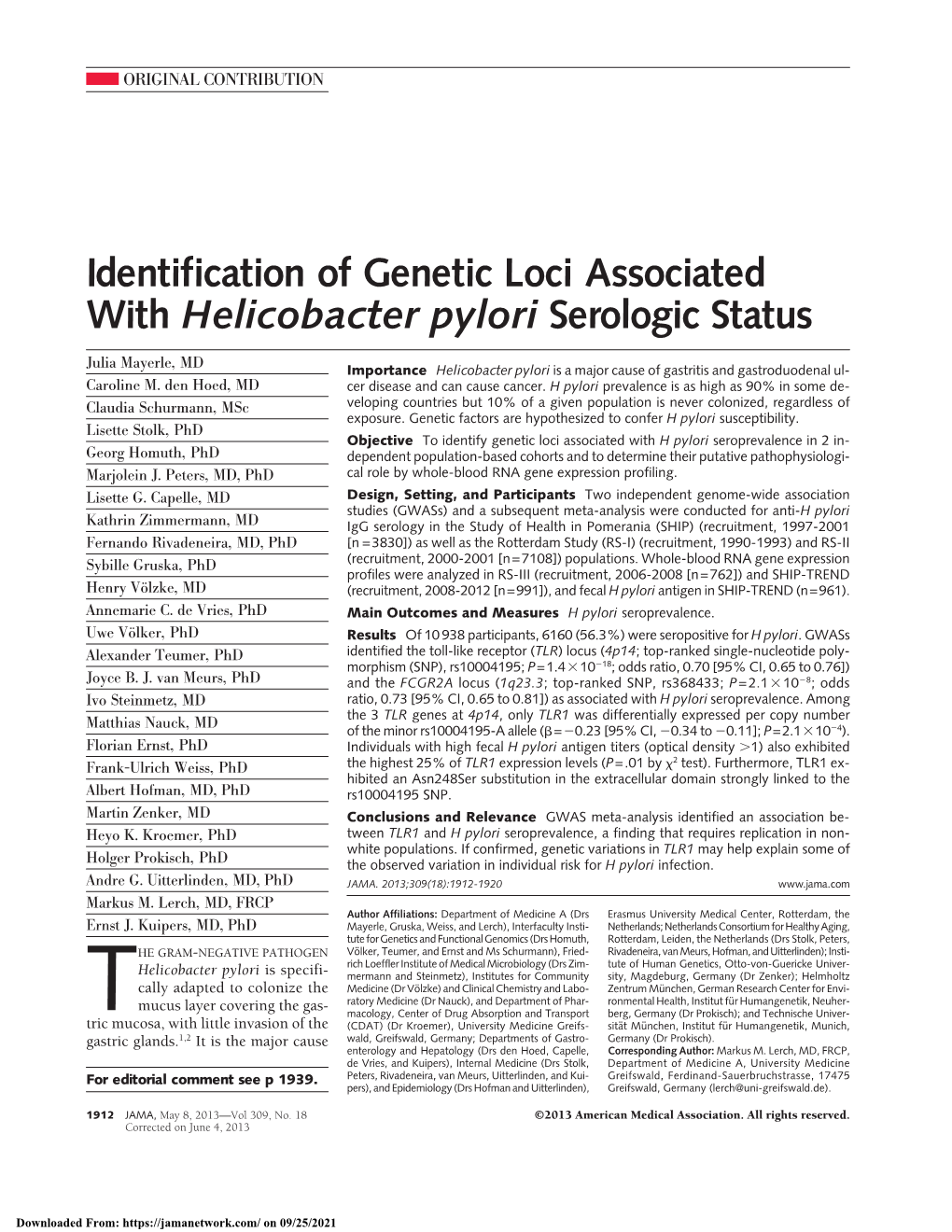 Identification of Genetic Loci Associated with Helicobacter Pylori Serologic Status