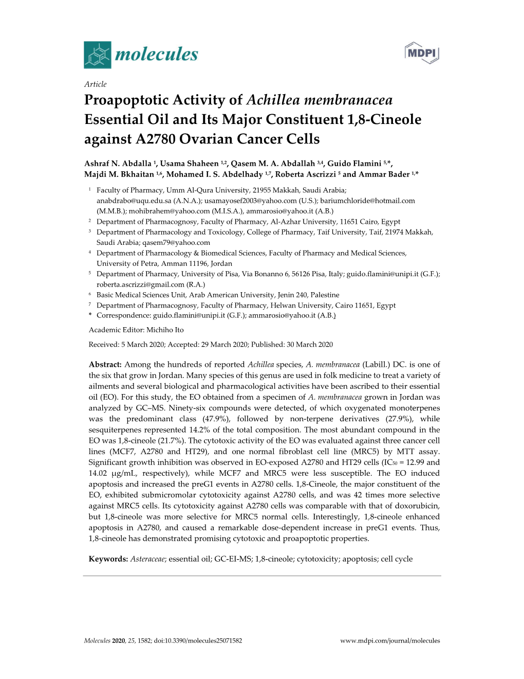 Proapoptotic Activity of Achillea Membranacea Essential Oil and Its Major Constituent 1,8-Cineole Against A2780 Ovarian Cancer Cells