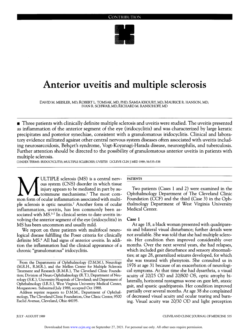 Anterior Uveitis and Multiple Sclerosis